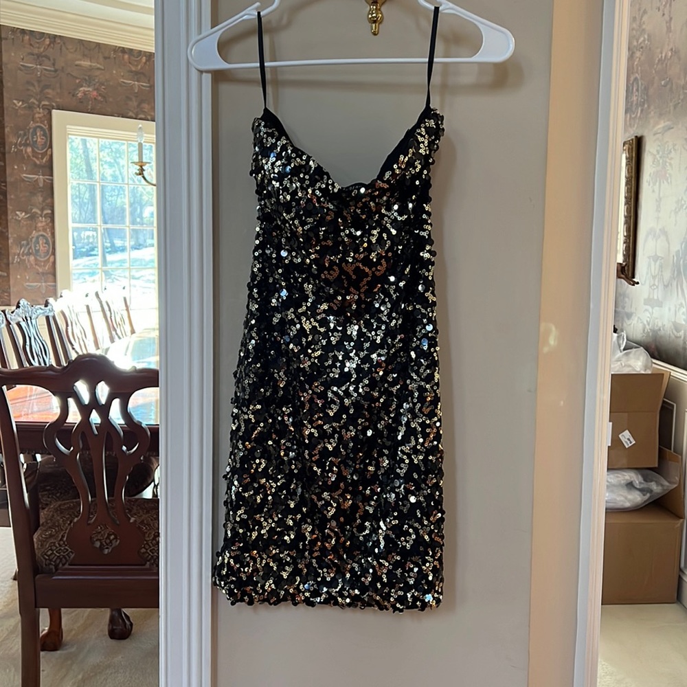 Strapless Black & Gold Mini Dress